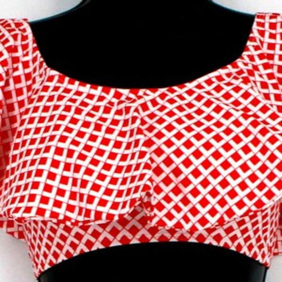 Swimsuit Red & White Print Ruffle Bandeau Top Only Size Medium - Picture 2 of 7